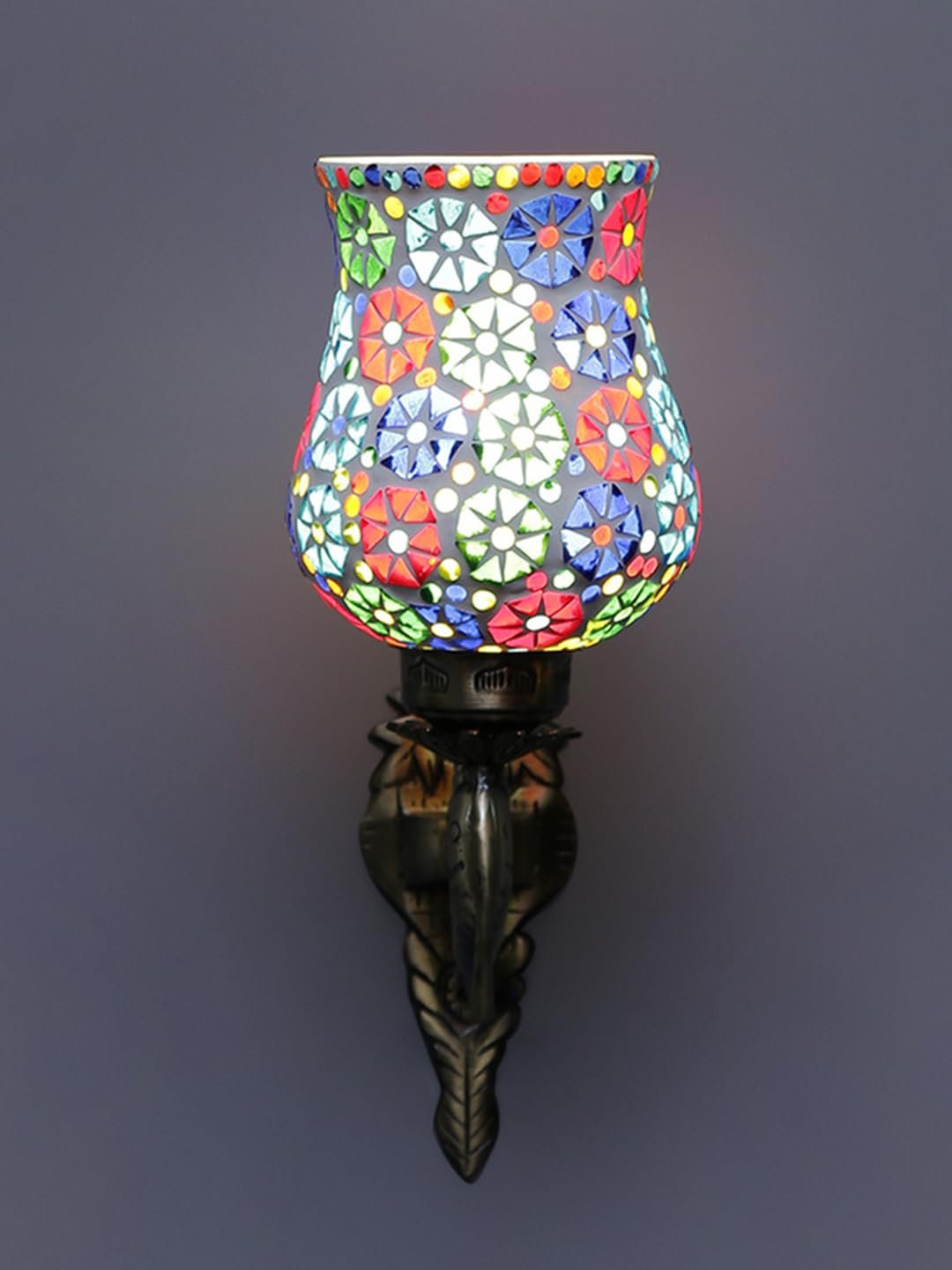 Antique Metal Fish Wall Lamp with Multicolor Mosaic Glass_AI(8.5x4.5x14 Inches)