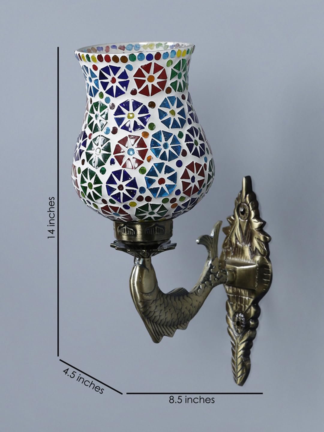 Antique Metal Fish Wall Lamp with Multicolor Mosaic Glass_AI(8.5x4.5x14 Inches)