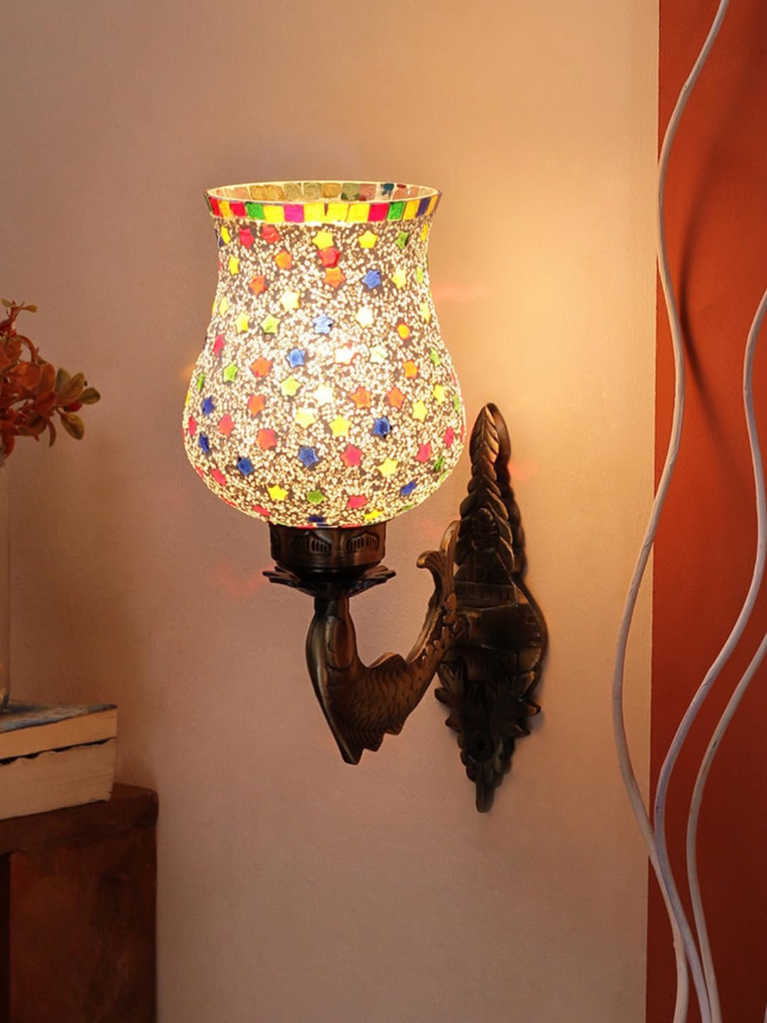 Antique Metal Fish Wall Lamp with Multicolor Mosaic Glass AK(8.5x4.5x14 Inches)