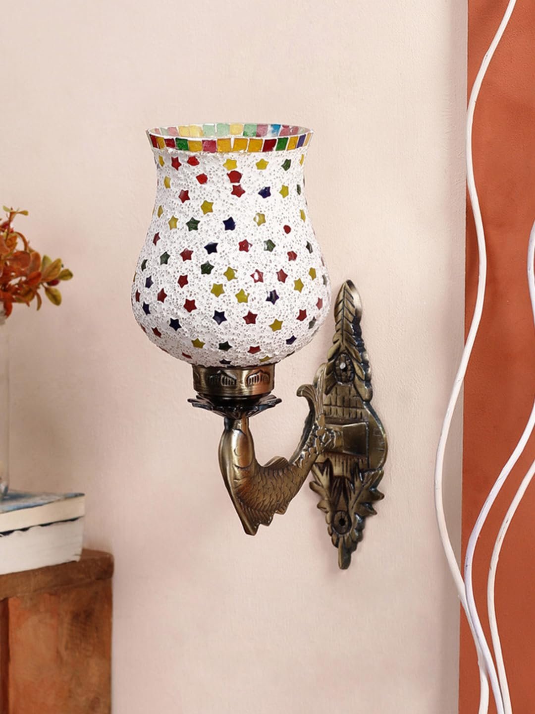 Antique Metal Fish Wall Lamp with Multicolor Mosaic Glass AK(8.5x4.5x14 Inches)