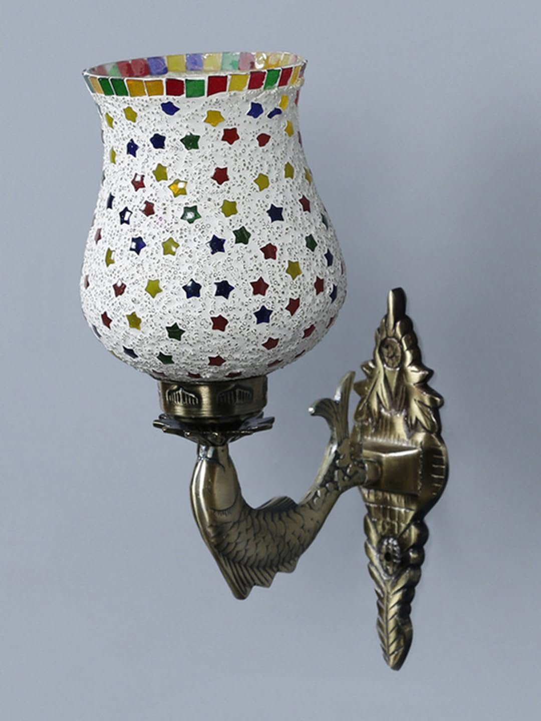 Antique Metal Fish Wall Lamp with Multicolor Mosaic Glass AK(8.5x4.5x14 Inches)