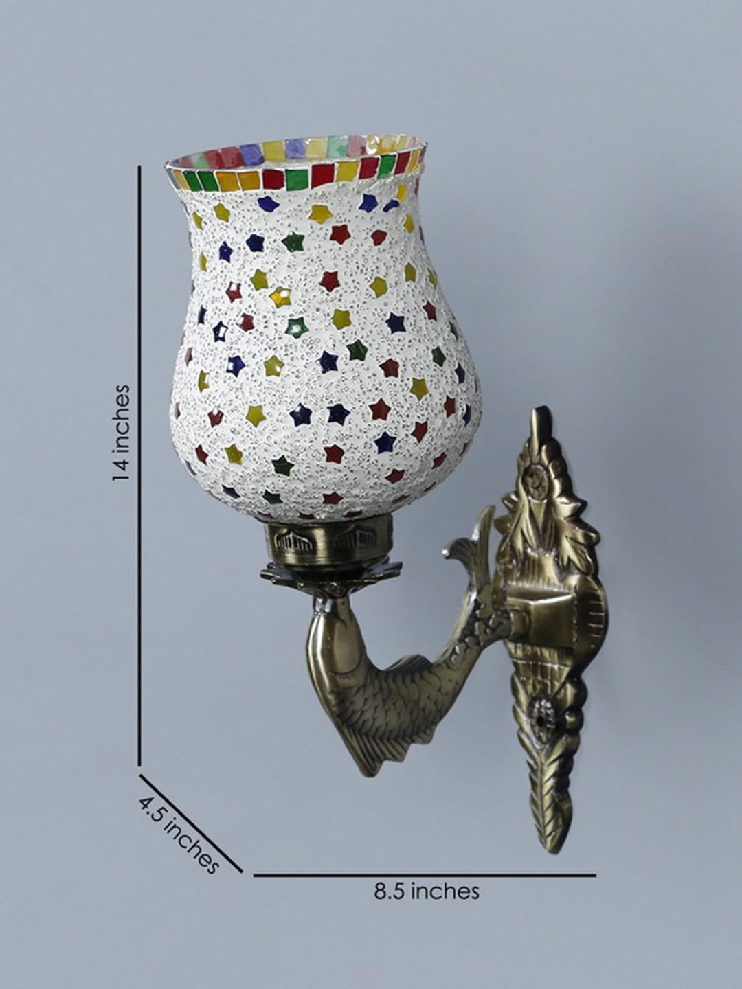 Antique Metal Fish Wall Lamp with Multicolor Mosaic Glass AK(8.5x4.5x14 Inches)