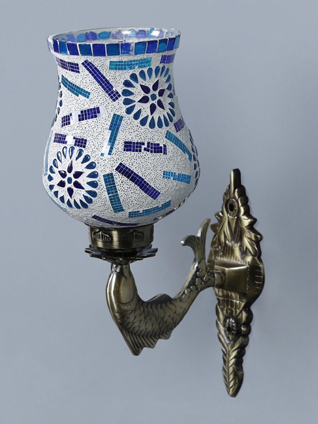 Antique Metal Fish Wall Lamp with Multicolor Mosaic Glass -AM(8.5x4.5x14 Inches)