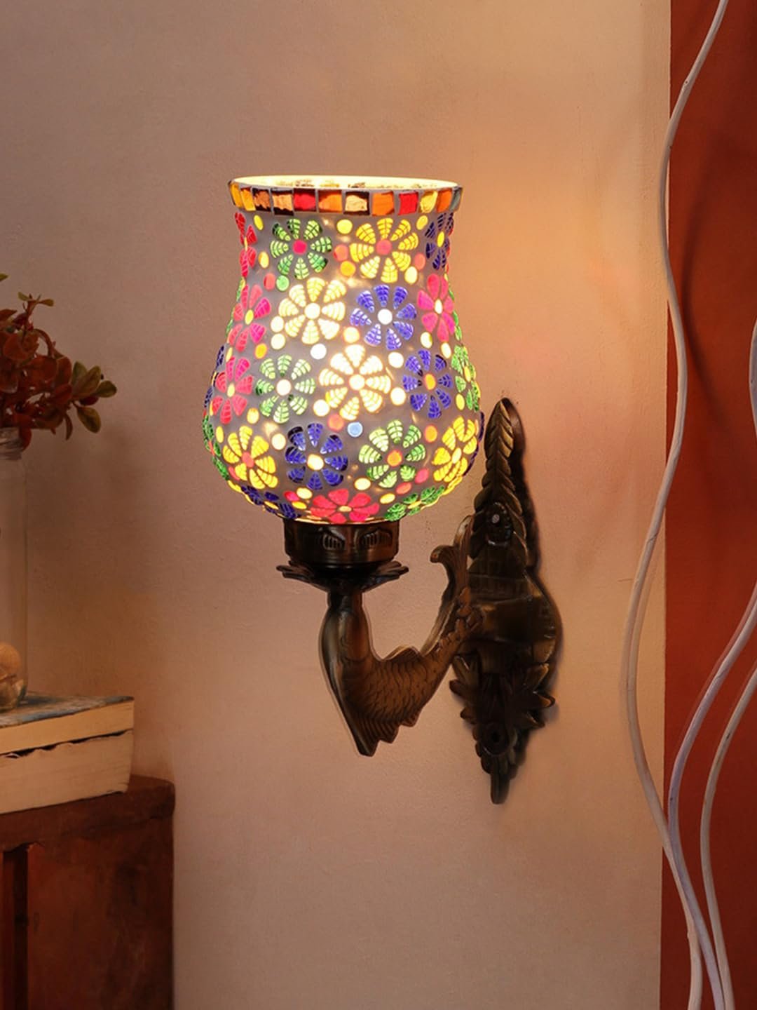 Antique Metal Fish Wall Lamp with Multicolor Mosaic Glass AO(8.5x4.5x14 Inches)
