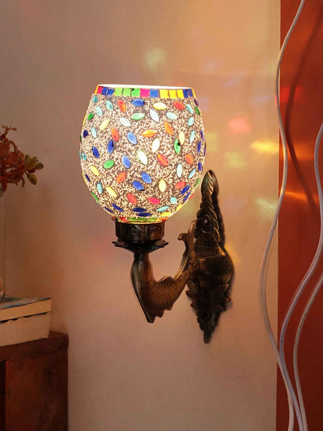 Antique Metal Fish Wall Lamp with Multicolor Mosaic Glass -AP(8.5x4.5x14 Inches)