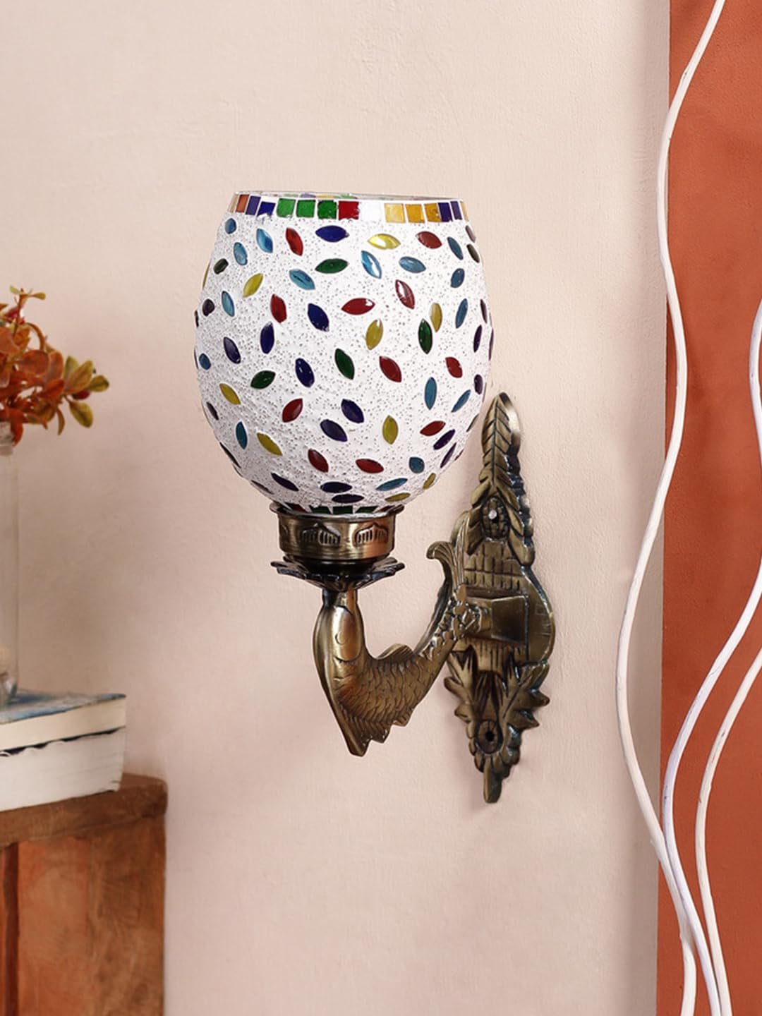 Antique Metal Fish Wall Lamp with Multicolor Mosaic Glass -AP(8.5x4.5x14 Inches)