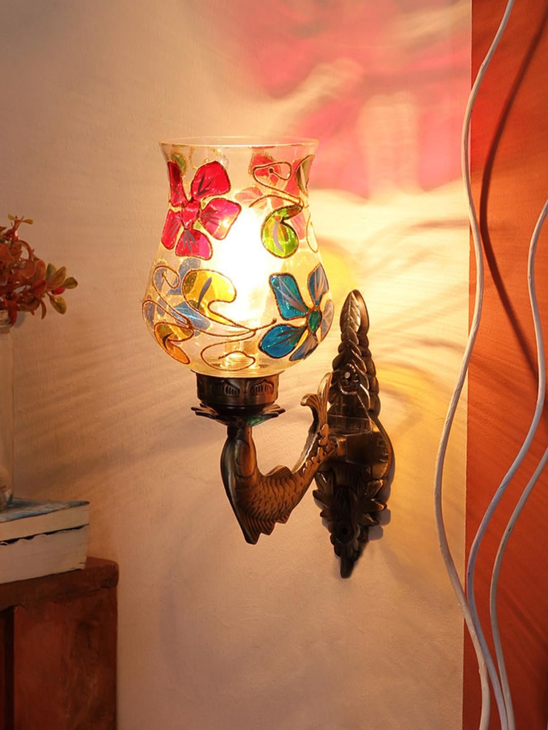 Antique Metal Fish Wall Lamp with Multicolor Mosaic Glass -AQ(8.5x4.5x14 Inches)