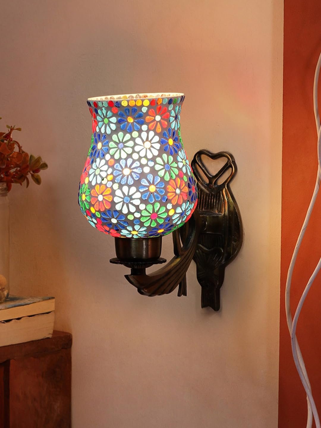Antique Metal Wall Lamp with Multicolor Mosaic Glass AW(9.5x4.5x11 Inches)