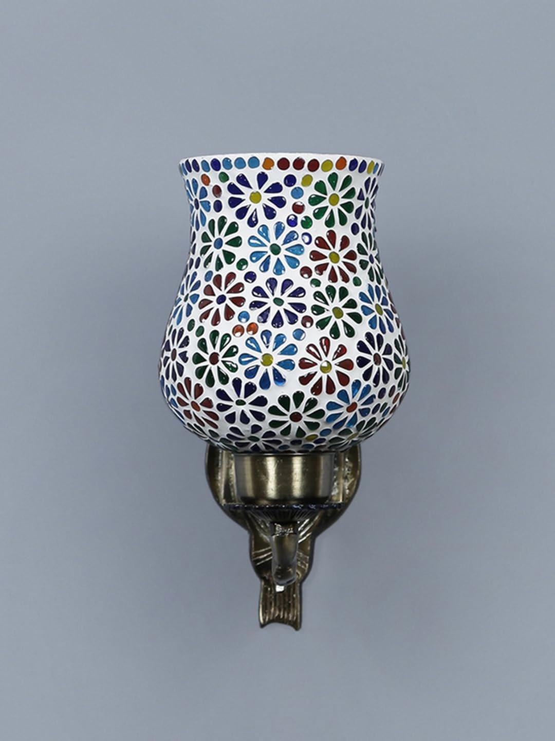 Antique Metal Wall Lamp with Multicolor Mosaic Glass AW(9.5x4.5x11 Inches)