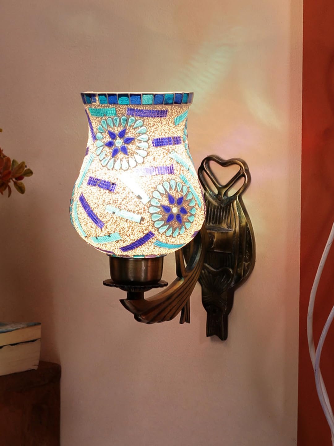 Antique Metal Wall Lamp with Multicolor Mosaic Glass -BC(9.5x4.5x11 Inches)
