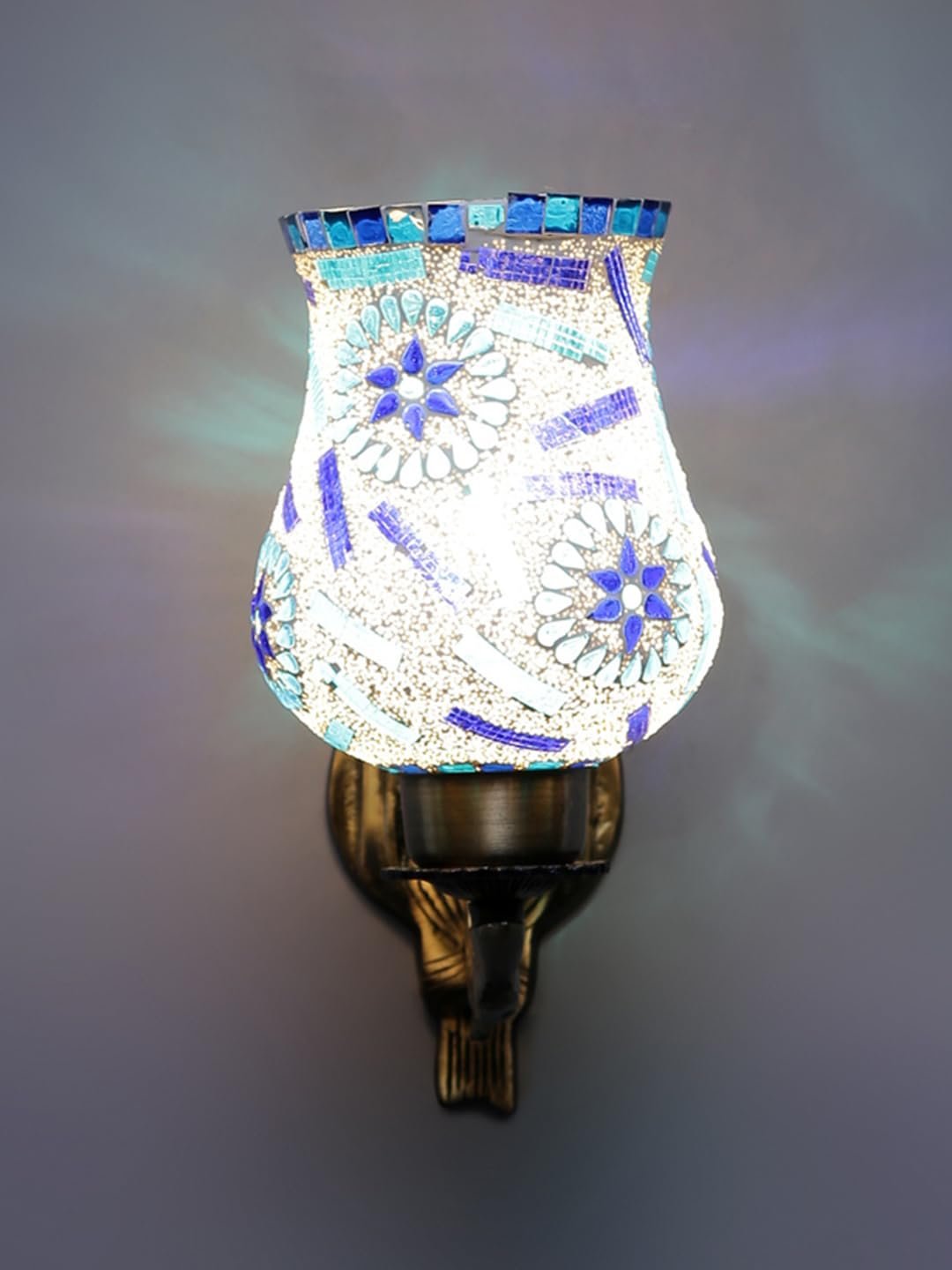 Antique Metal Wall Lamp with Multicolor Mosaic Glass -BC(9.5x4.5x11 Inches)