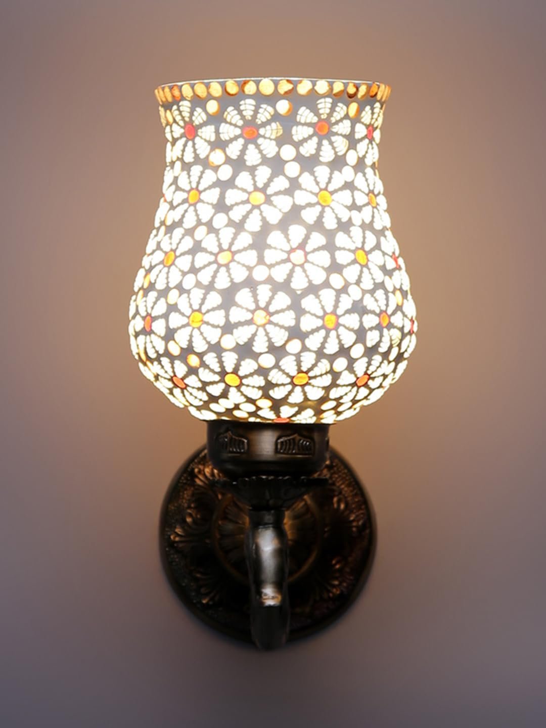 Antique Metal Peacock Wall Lamp with Multicolor Mosaic Glass -BM(8.5x4.5x11.5 Inches)
