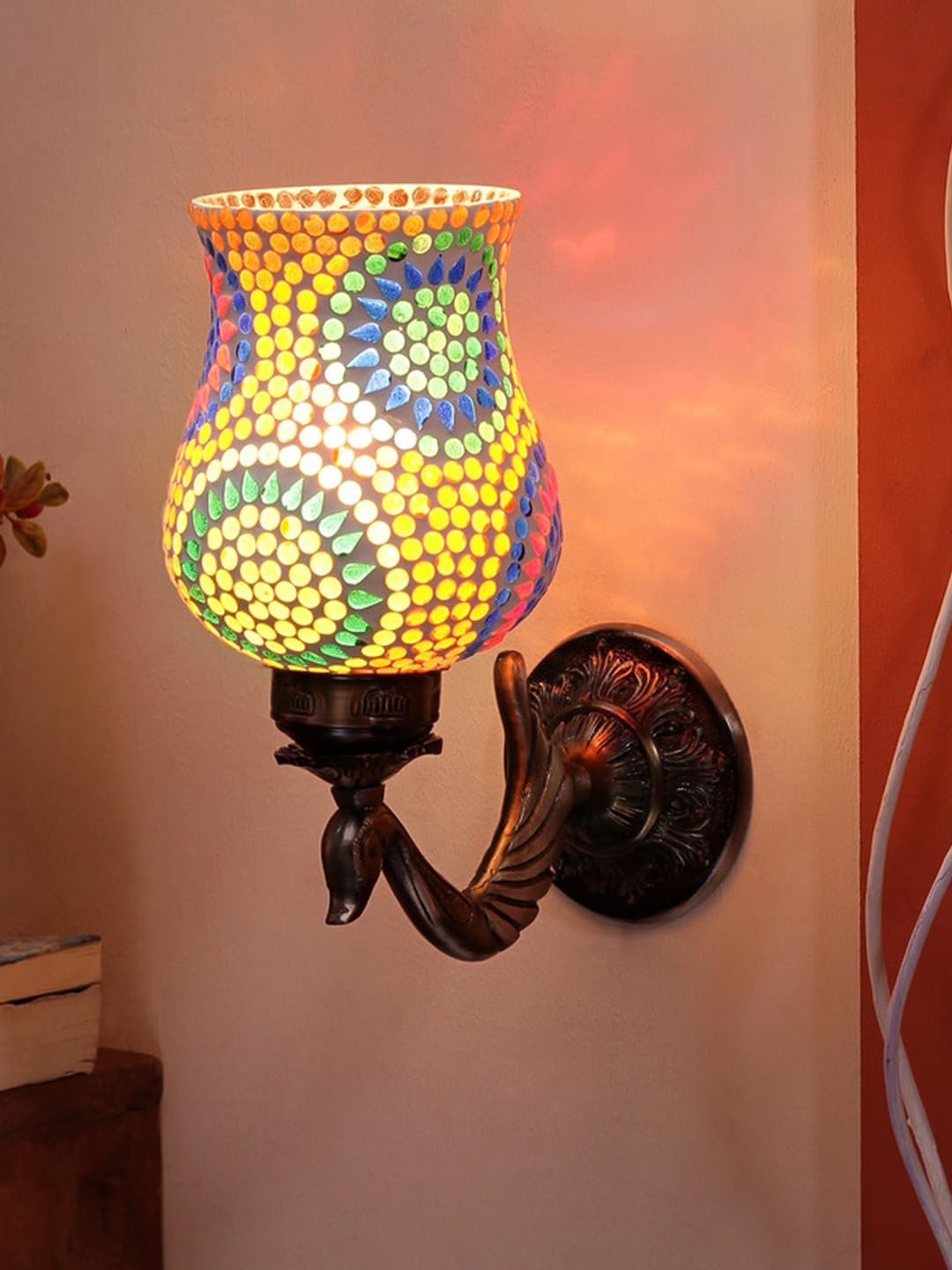 Antique Metal Peacock Wall Lamp with Multicolor Mosaic Glass -Bn(8.5x4.5x11.5 Inches)