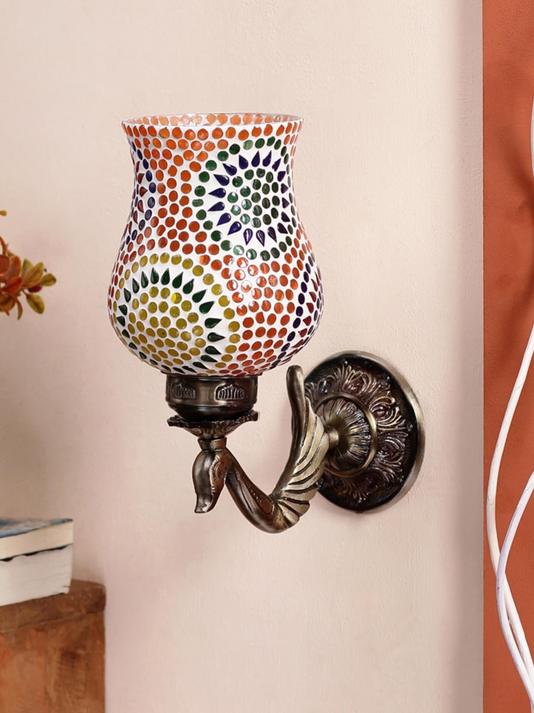 Antique Metal Peacock Wall Lamp with Multicolor Mosaic Glass -Bn(8.5x4.5x11.5 Inches)