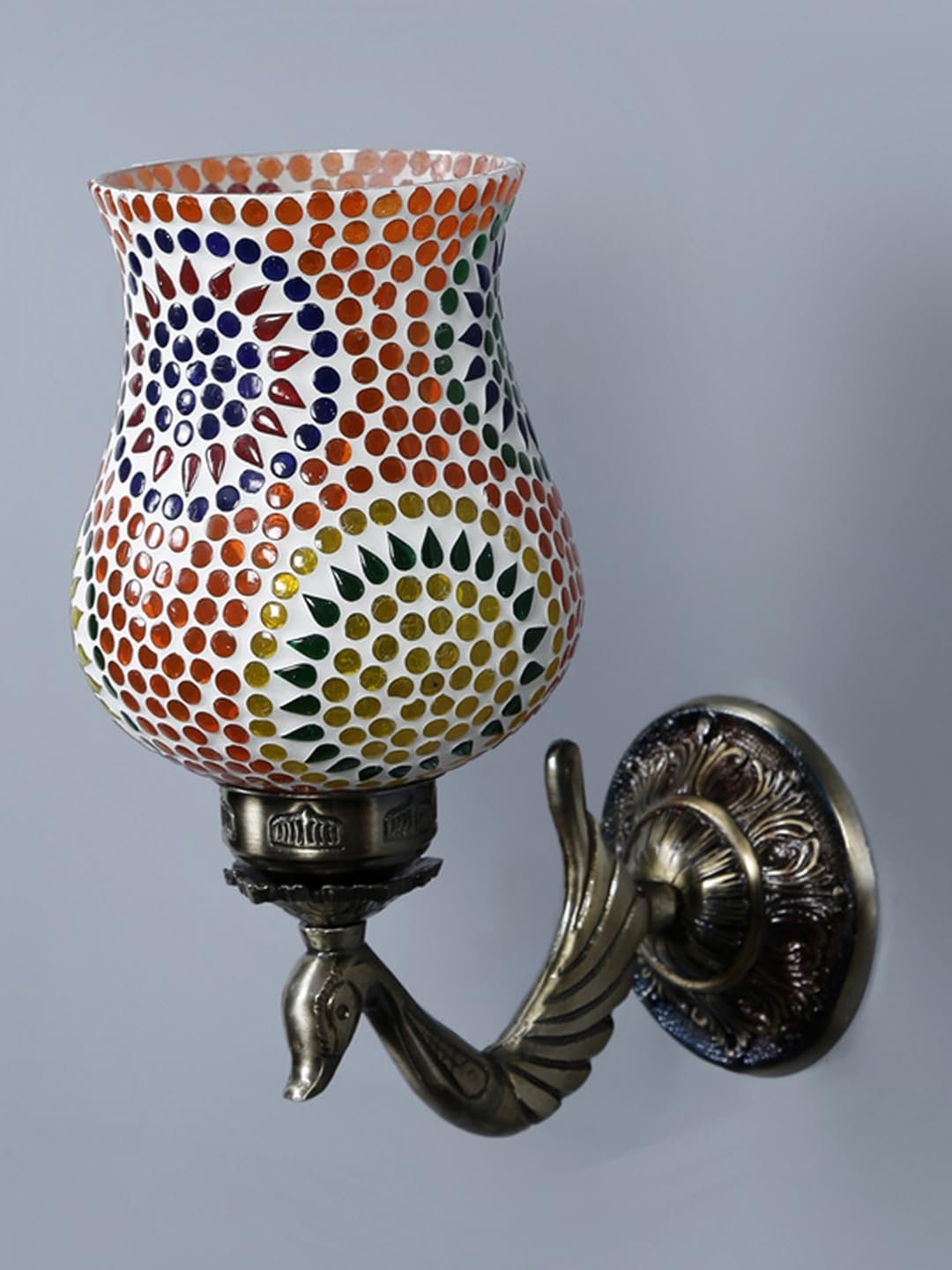 Antique Metal Peacock Wall Lamp with Multicolor Mosaic Glass -Bn(8.5x4.5x11.5 Inches)