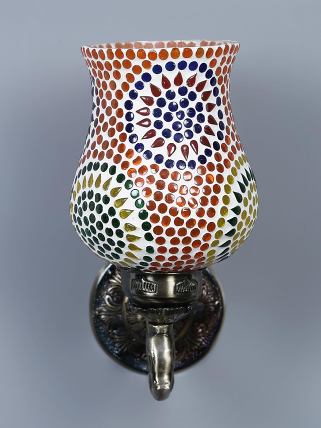 Antique Metal Peacock Wall Lamp with Multicolor Mosaic Glass -Bn(8.5x4.5x11.5 Inches)