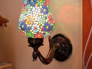 Antique Metal Peacock Wall Lamp with Multicolor Mosaic Glass -Bq(8.5x4.5x11.5 Inches)