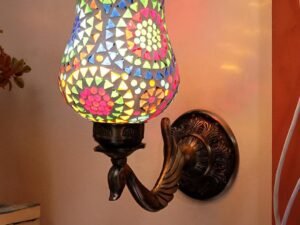 Antique Metal Peacock Wall Lamp with Multicolor Mosaic Glass -BS(8.5x4.5x11.5 Inches)