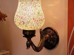 Antique Metal Peacock Wall Lamp with Multicolor Mosaic Glass -BL(8.5x4.5x11.5 Inches)