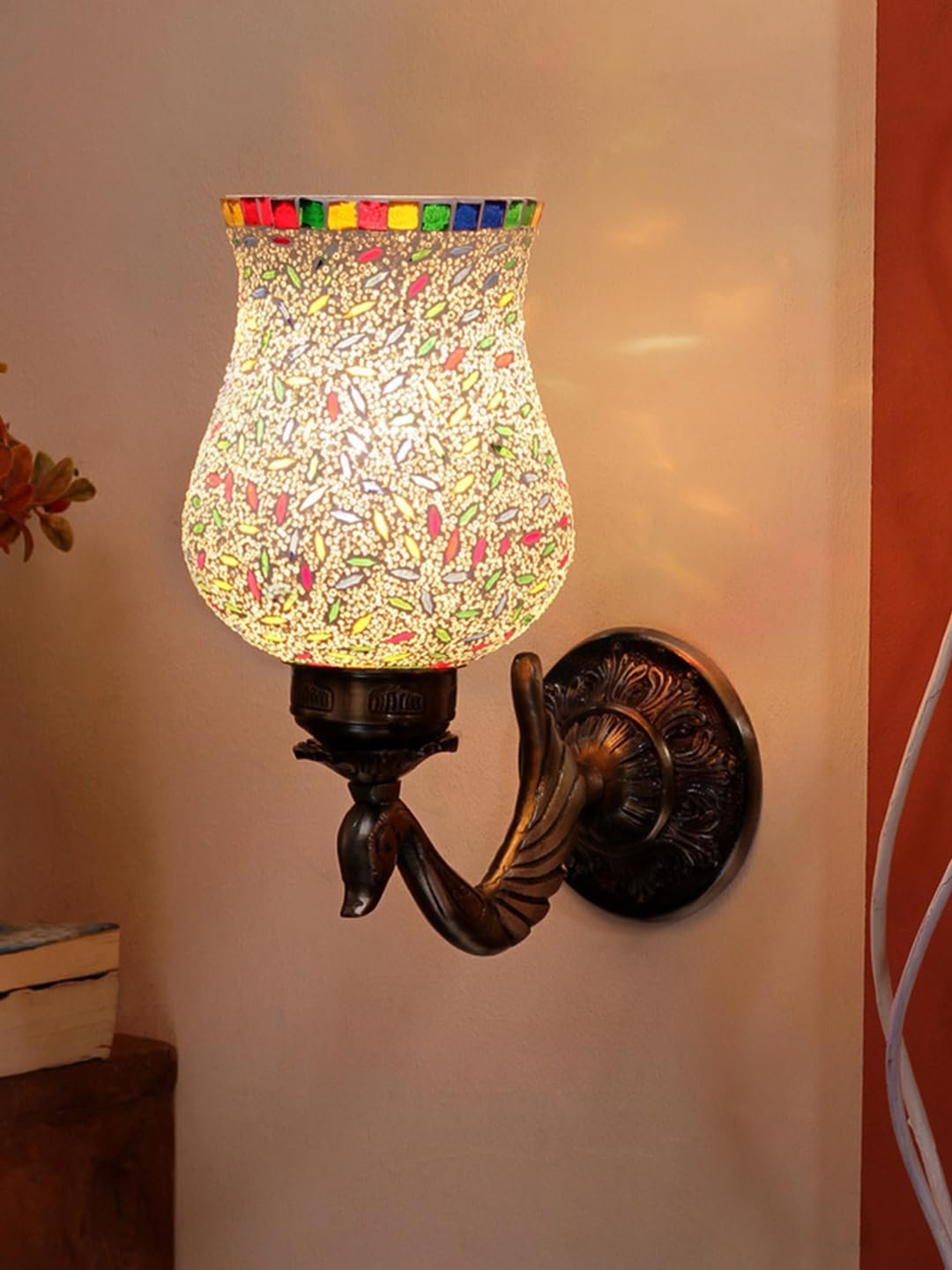 Antique Metal Peacock Wall Lamp with Multicolor Mosaic Glass -BL(8.5x4.5x11.5 Inches)