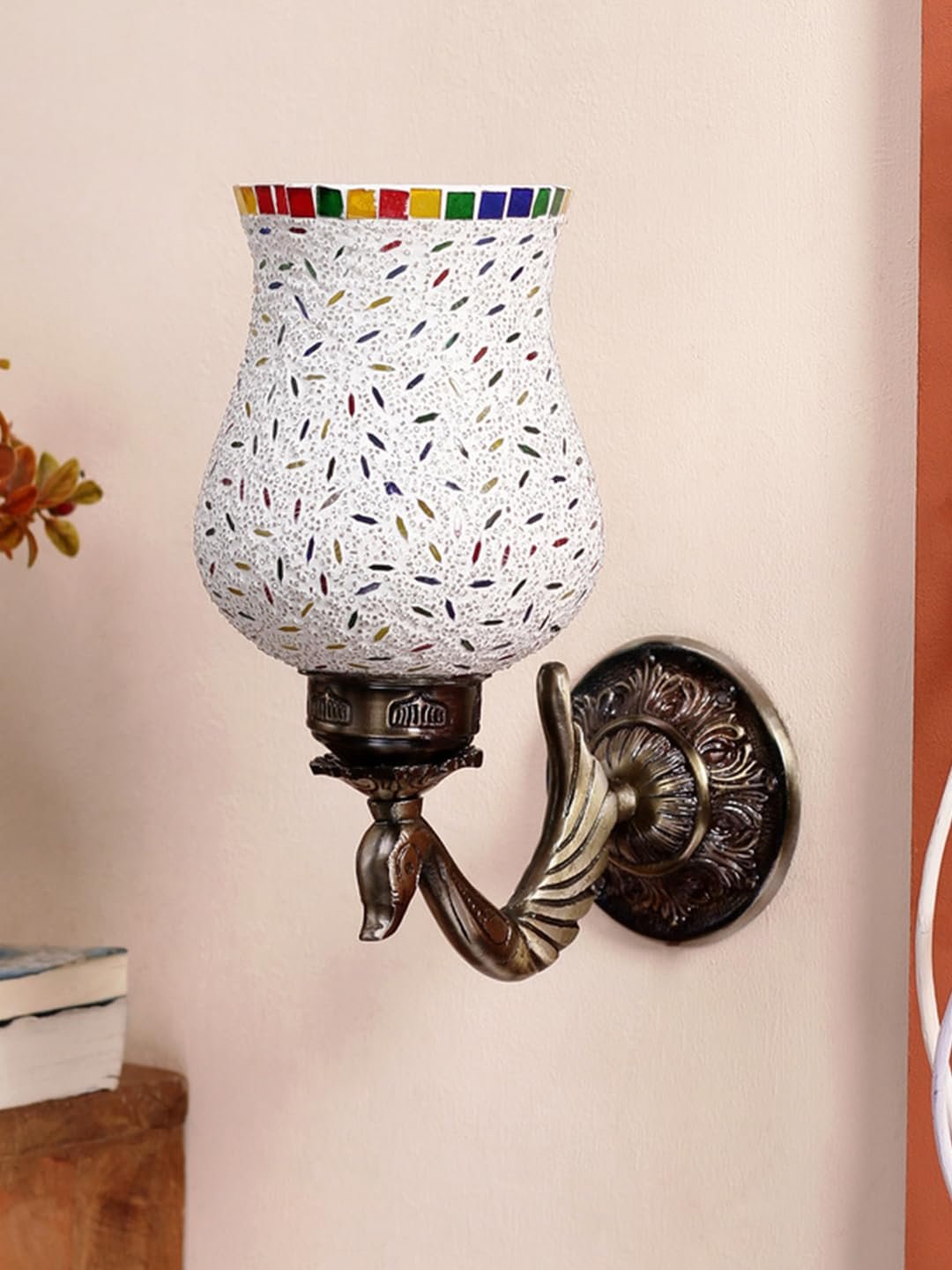 Antique Metal Peacock Wall Lamp with Multicolor Mosaic Glass -BL(8.5x4.5x11.5 Inches)