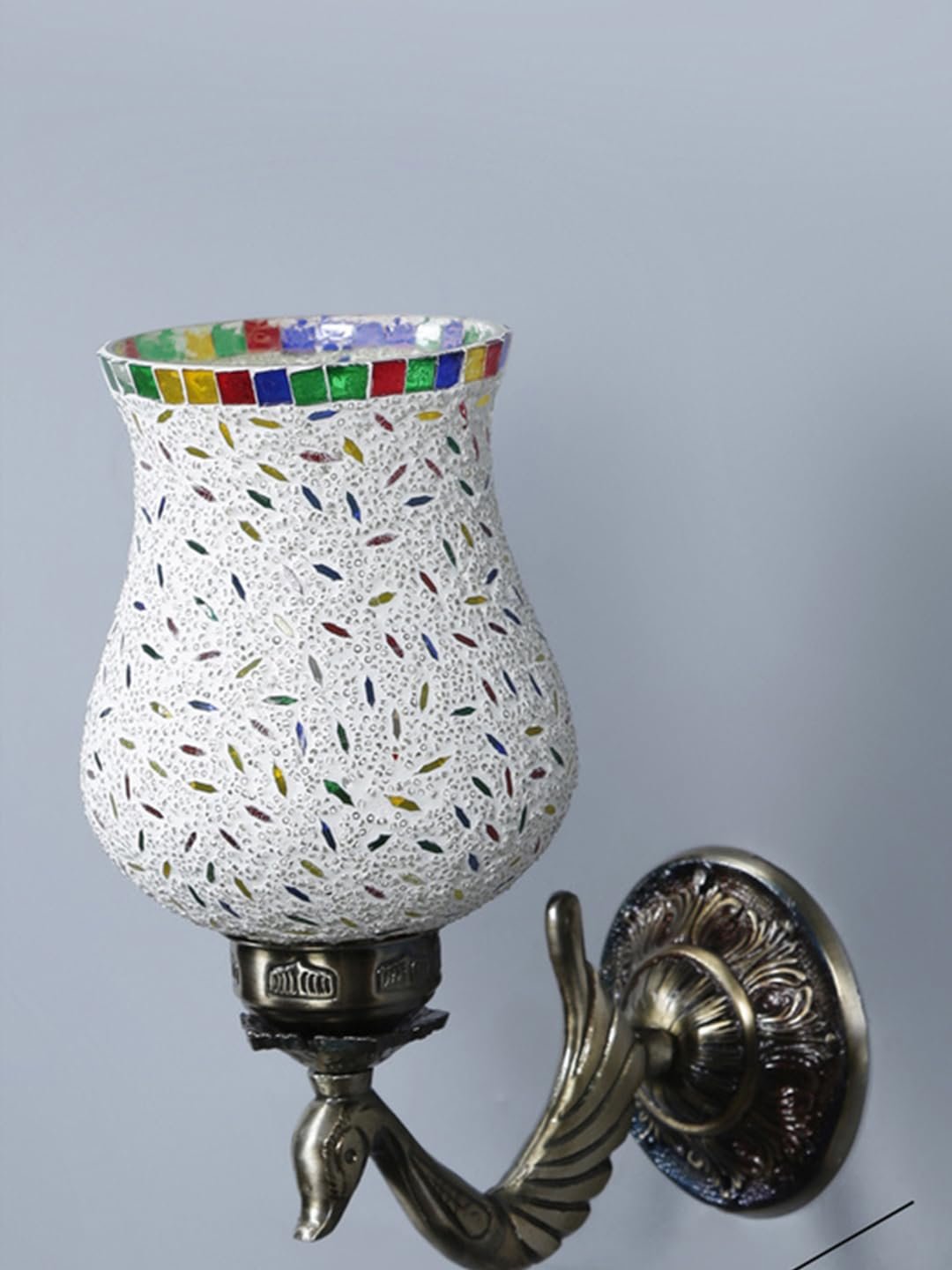 Antique Metal Peacock Wall Lamp with Multicolor Mosaic Glass -BL(8.5x4.5x11.5 Inches)