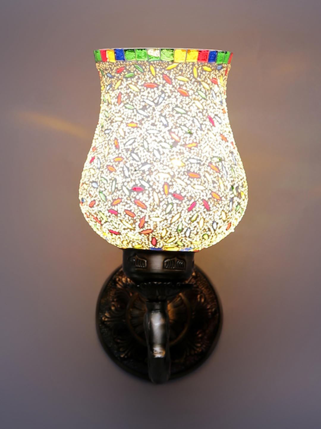 Antique Metal Peacock Wall Lamp with Multicolor Mosaic Glass -BL(8.5x4.5x11.5 Inches)