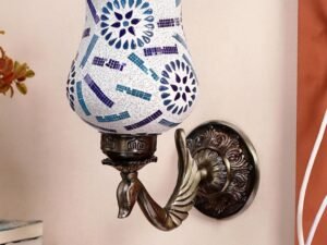 Antique Metal Peacock Wall Lamp with Multicolor Mosaic Glass -BP(8.5x4.5x11.5 Inches)