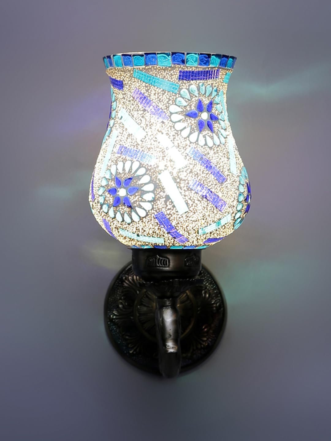 Antique Metal Peacock Wall Lamp with Multicolor Mosaic Glass -BP(8.5x4.5x11.5 Inches)