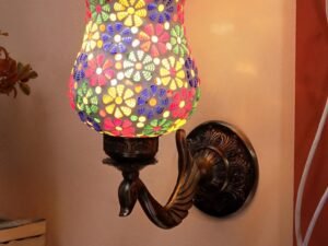 Antique Metal Peacock Wall Lamp with Multicolor Mosaic Glass -by(8.5x4.5x11.5 Inches)