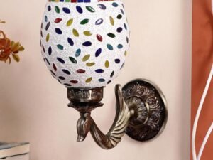 Antique Metal Peacock Wall Lamp with Multicolor Mosaic Glass -BZ(8.5x4.5x11.5 Inches)