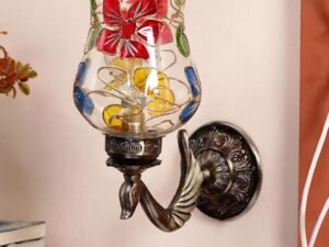 Antique Metal Peacock Wall Lamp with Multicolor Mosaic Glass -BX(8.5x4.5x11.5 Inches)