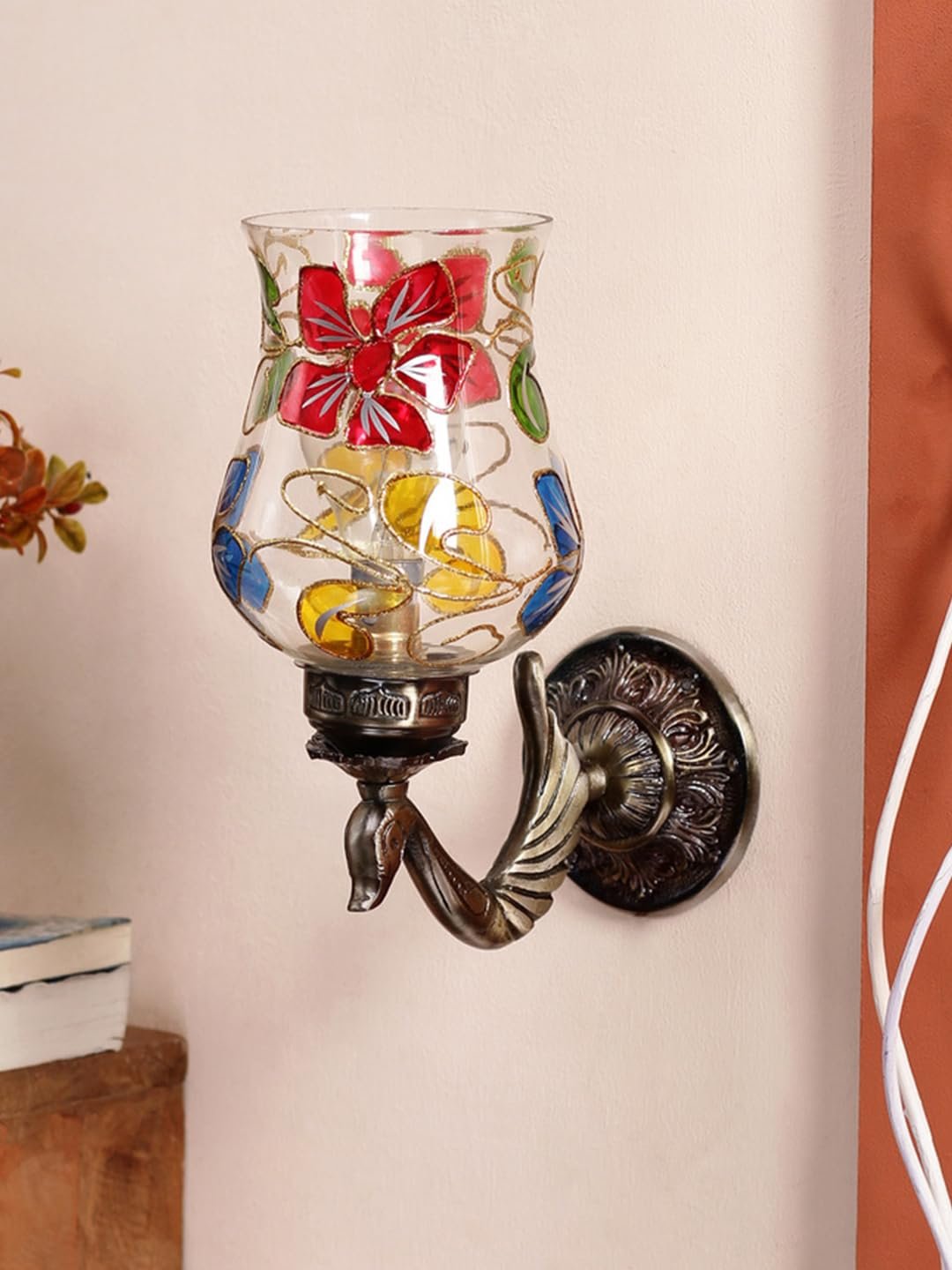 Antique Metal Peacock Wall Lamp with Multicolor Mosaic Glass -BX(8.5x4.5x11.5 Inches)