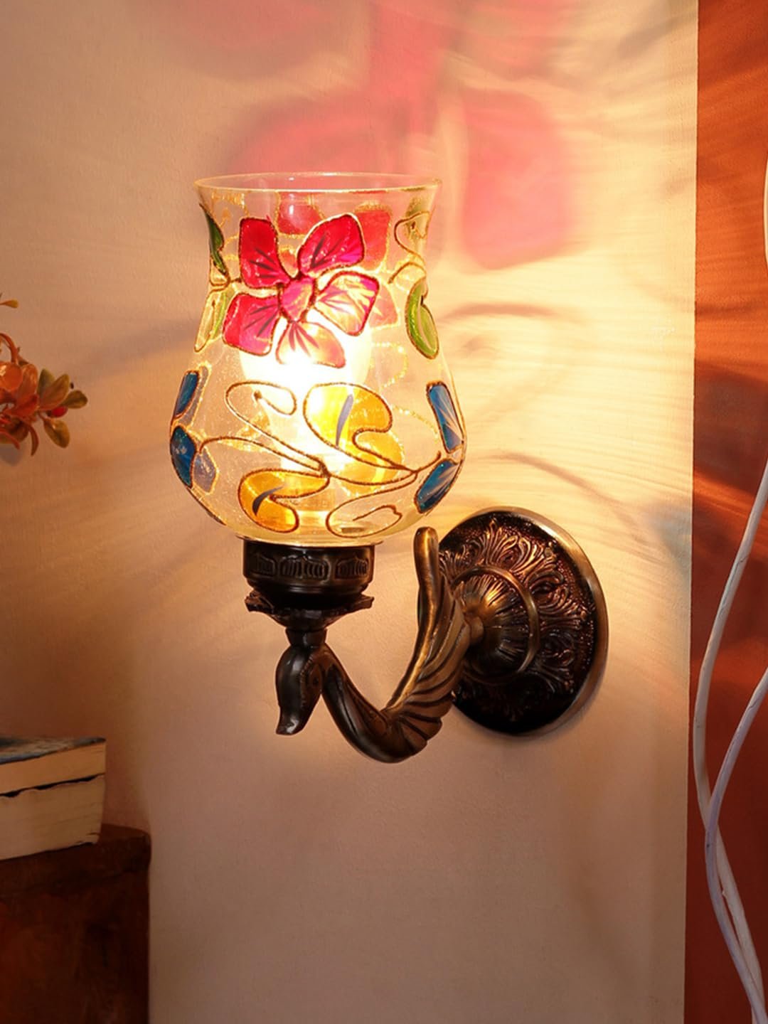 Antique Metal Peacock Wall Lamp with Multicolor Mosaic Glass -BX(8.5x4.5x11.5 Inches)