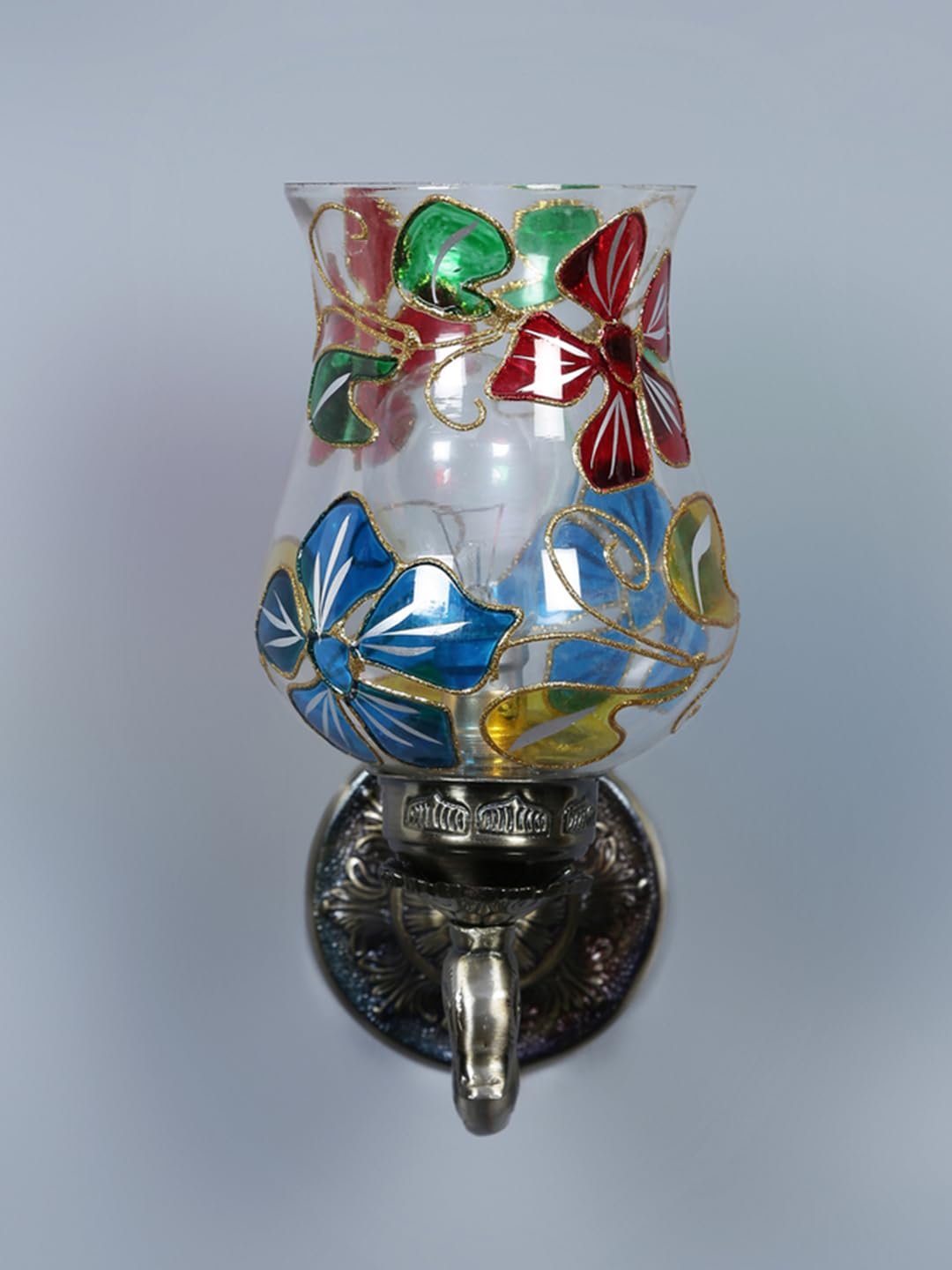Antique Metal Peacock Wall Lamp with Multicolor Mosaic Glass -BX(8.5x4.5x11.5 Inches)