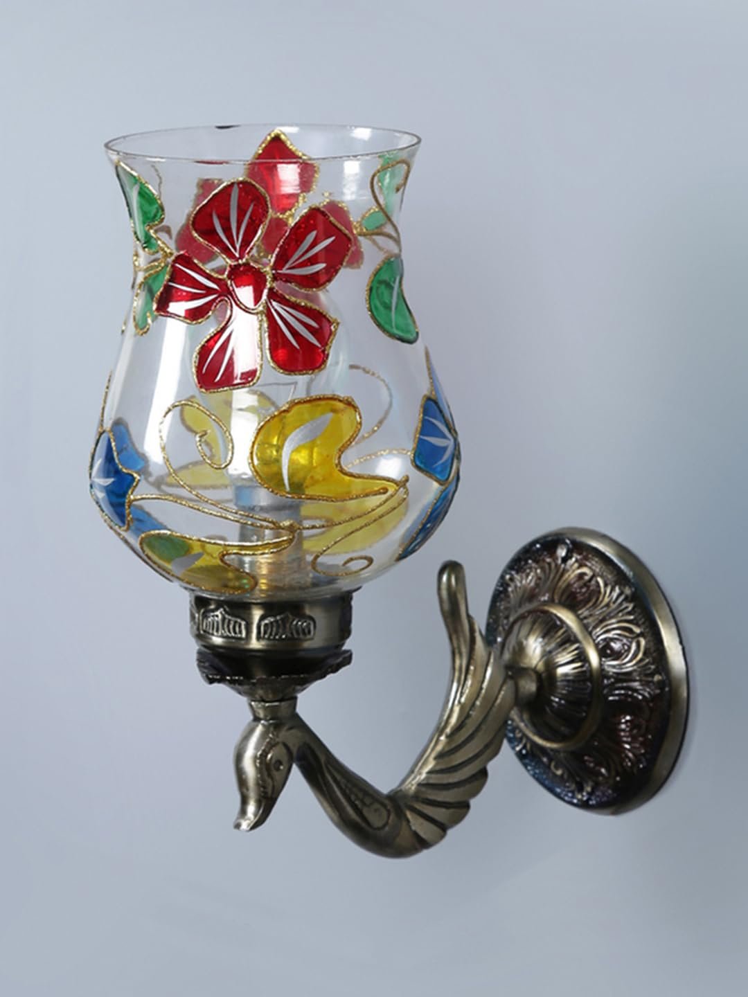 Antique Metal Peacock Wall Lamp with Multicolor Mosaic Glass -BX(8.5x4.5x11.5 Inches)
