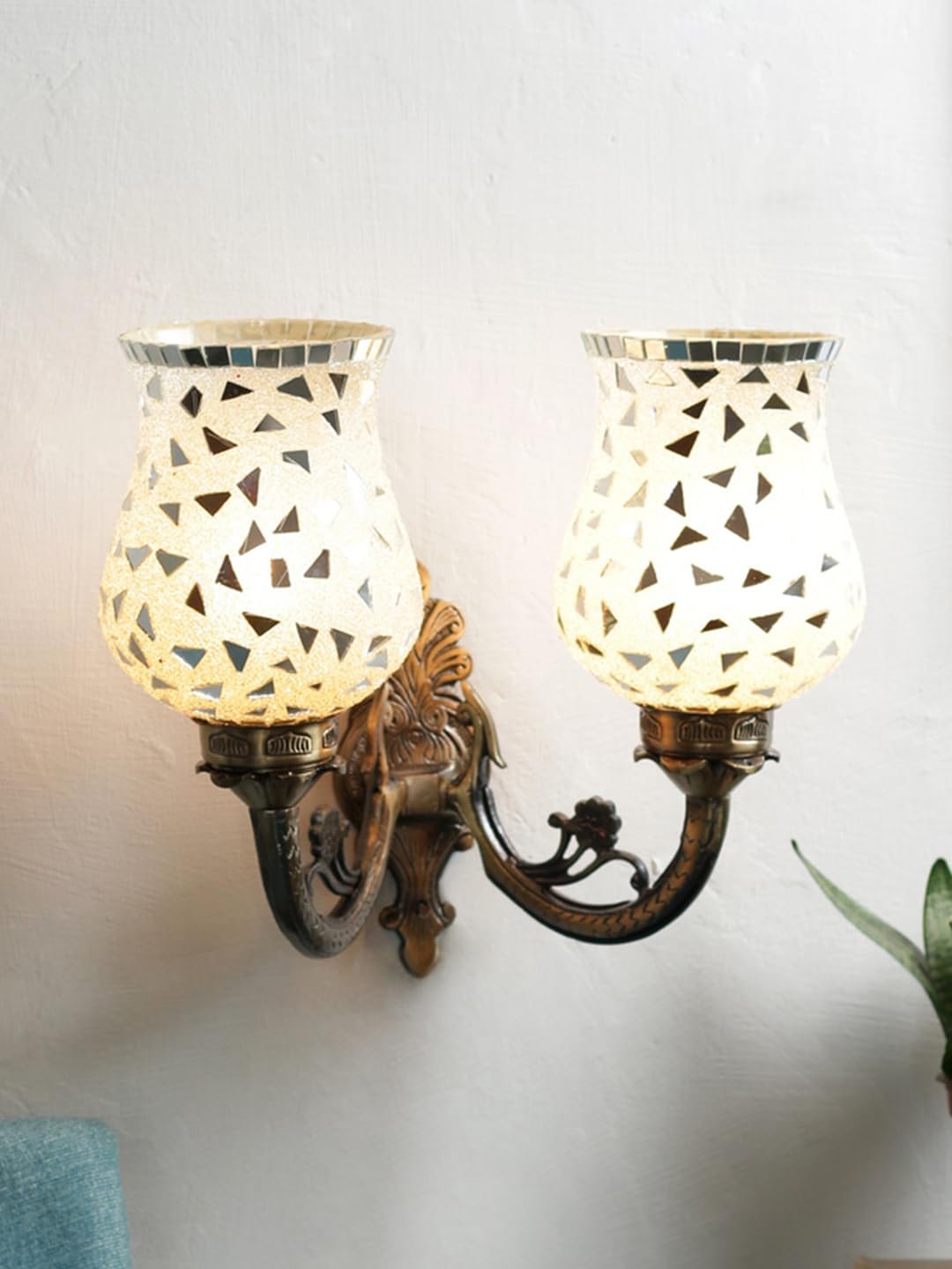 Antique Metal Double Wall Mounted Lamp with Multicolor Mosaic Glass -CA(8.8x11x10) Inches
