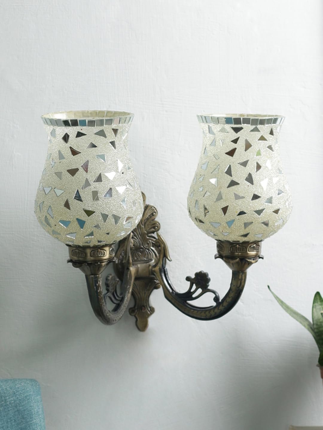 Antique Metal Double Wall Mounted Lamp with Multicolor Mosaic Glass -CA(8.8x11x10) Inches