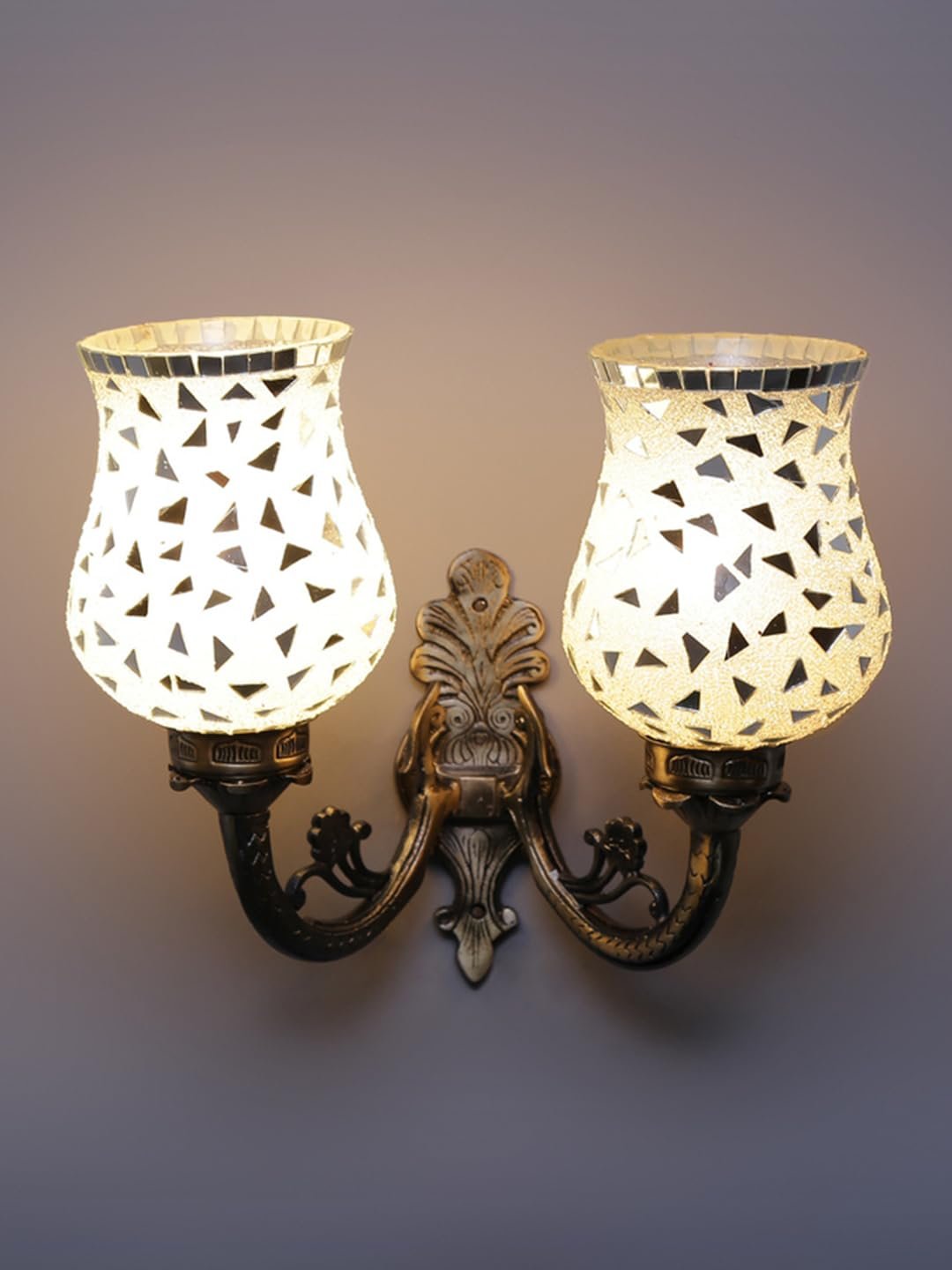 Antique Metal Double Wall Mounted Lamp with Multicolor Mosaic Glass -CA(8.8x11x10) Inches