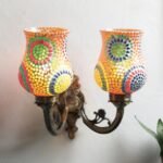 Antique Metal Double Wall Mounted Lamp with Multicolor Mosaic Glass -CC (8.8x11x10) Inches