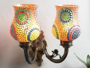 Antique Metal Double Wall Mounted Lamp with Multicolor Mosaic Glass -CC (8.8x11x10) Inches