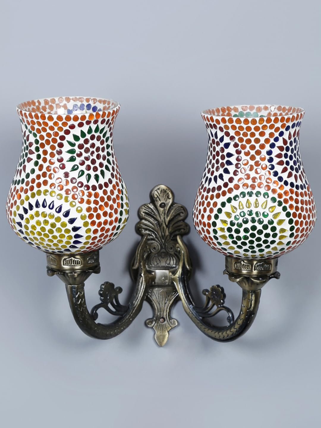 Antique Metal Double Wall Mounted Lamp with Multicolor Mosaic Glass -CC (8.8x11x10) Inches