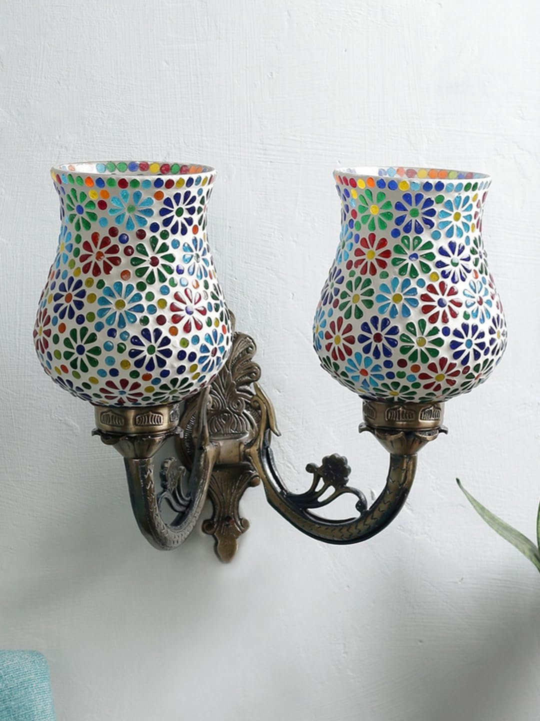 Antique Metal Double Wall Mounted Lamp with Multicolor Mosaic Glass -CD(8.8x11x10) Inches