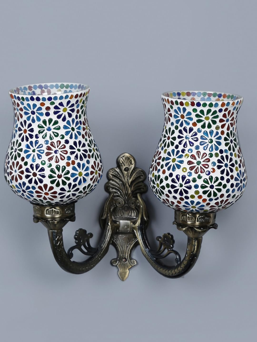Antique Metal Double Wall Mounted Lamp with Multicolor Mosaic Glass -CD(8.8x11x10) Inches