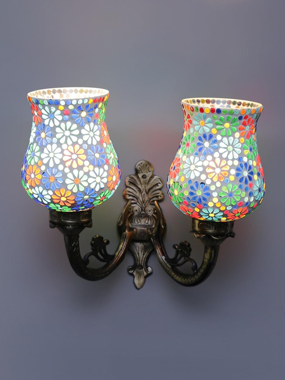 Antique Metal Double Wall Mounted Lamp with Multicolor Mosaic Glass -CD(8.8x11x10) Inches
