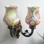 Antique Metal Double Wall Mounted Lamp with Multicolor Mosaic Glass -CE (8.8x11x10) Inches