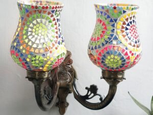 Antique Metal Double Wall Mounted Lamp with Multicolor Mosaic Glass -CE (8.8x11x10) Inches
