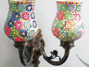 Antique Metal Double Wall Mounted Lamp with Multicolor Mosaic Glass -CF (8.8x11x10) Inches