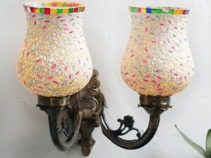 Antique Metal Double Wall Mounted Lamp with Multicolor Mosaic Glass -CX(8.8x11x10) Inches