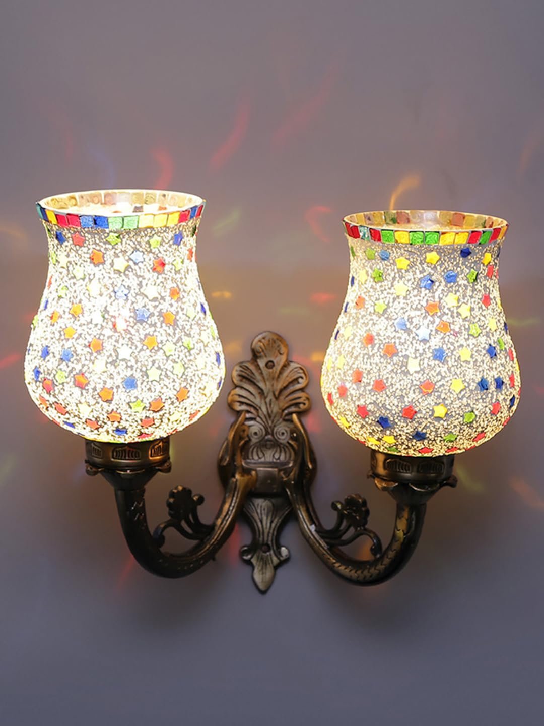 Antique Metal Double Wall Mounted Lamp with Multicolor Mosaic Glass -CZ (8.8x11x10) Inches